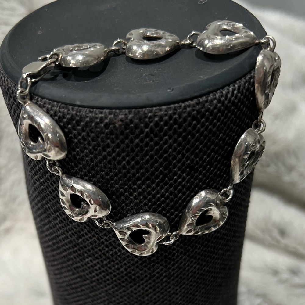 Vintage Sterling Silver Etched Heart Filigree Bracelet 7”